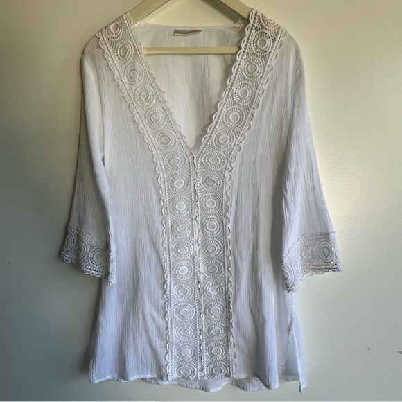 La Blanca White Lace Boho Tunic Blouse Beach Resort Cover Up Crochet Trim Size S - Picture 11 of 13